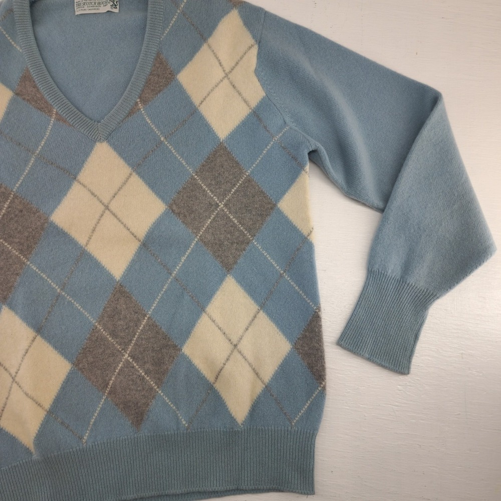 The Scotch‎ House S/M | Blue Argyle 100% Cashmere V-Neck Sweater Women - Picture 4 of 7